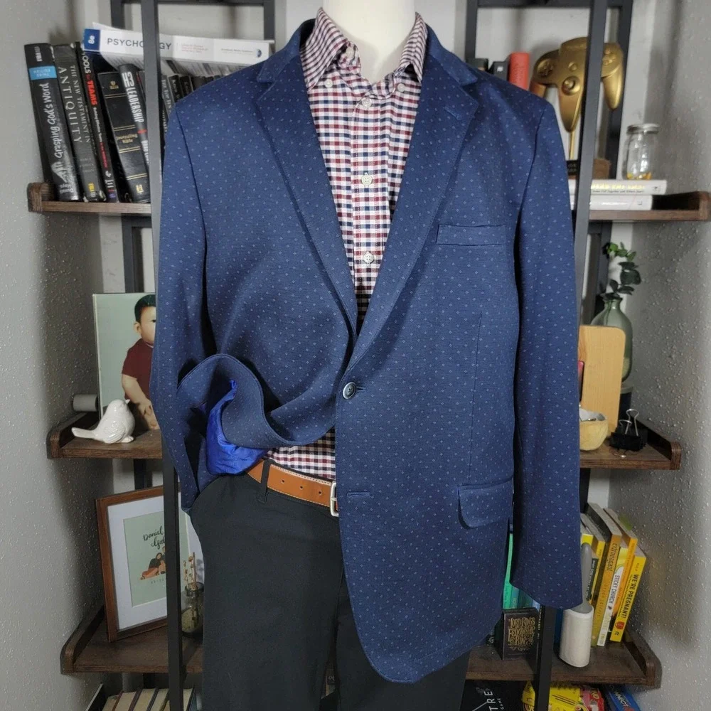 Ben Sherman Tailoring Mens Sport Coat Blazer Two Button Navy Blue Poly Blend 48L